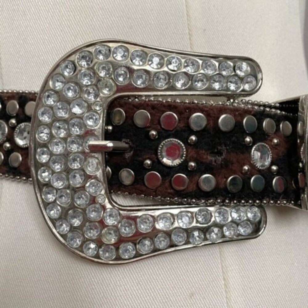 Animal Print Faux Fur Studded Rhinestone Belt - Large, 33.5 - 38.5" Waist - Picture 4 of 12